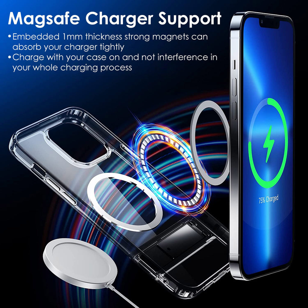 Magnetic Metal Kickstand Clear Case Shockproof Anti Yellowing Phone Cover Compatible with Magsafe Fit for IOS Phone 13 Pro