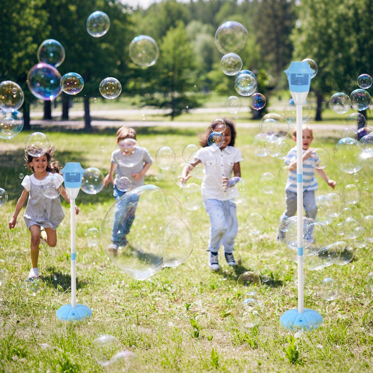 2Pack 3 In 1 Standing Bubble Machines with Colorful Lights and Music Rechargeable Bubble Maker Stands with 2 Modes 3 Adjustable Height for Party Weddi