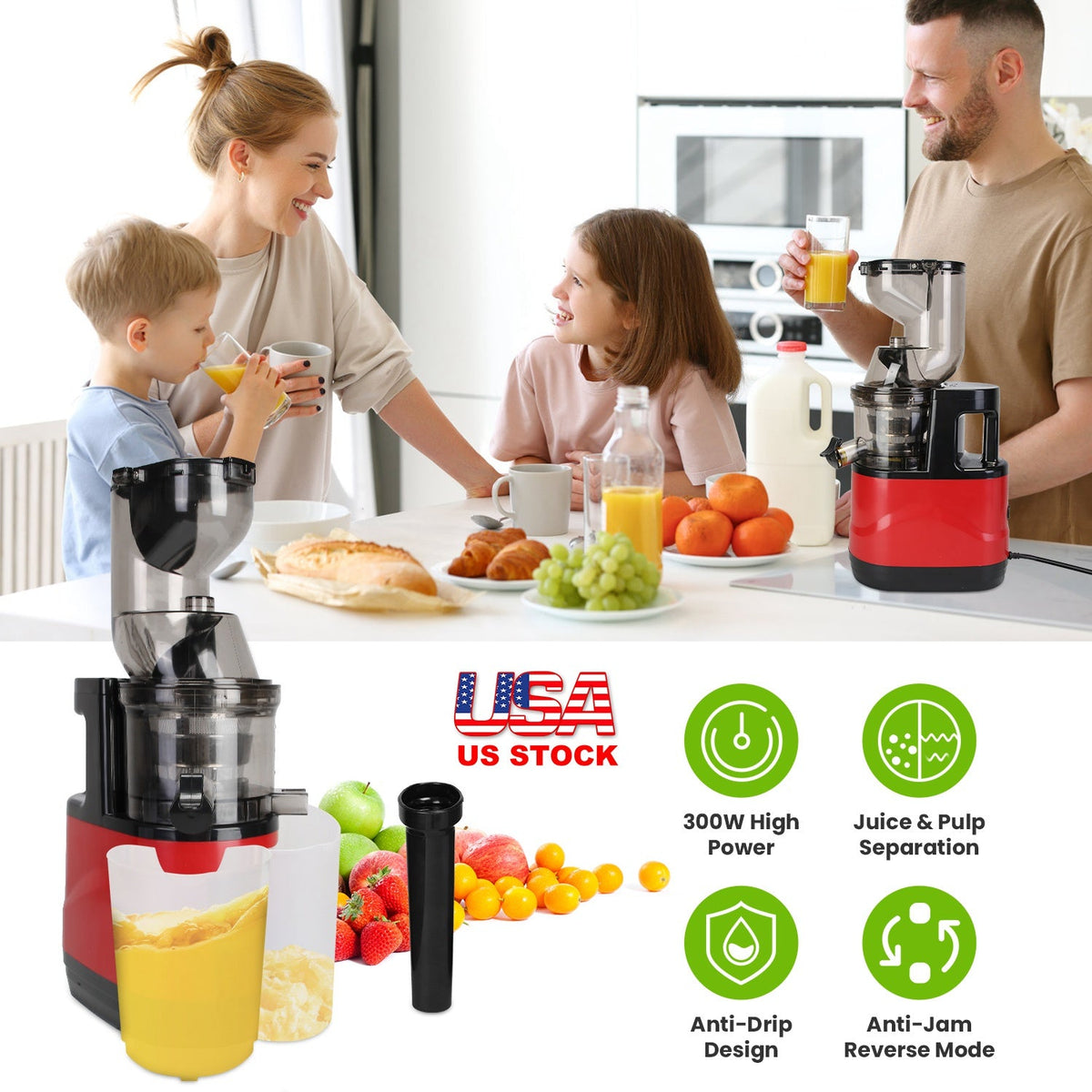 Cold Press Juicer Machine 300W Electric Slow Masticating Juicer for Whole Vegetable and Fruit with Reverse Function 2 Containers Cleaning Brush Clear
