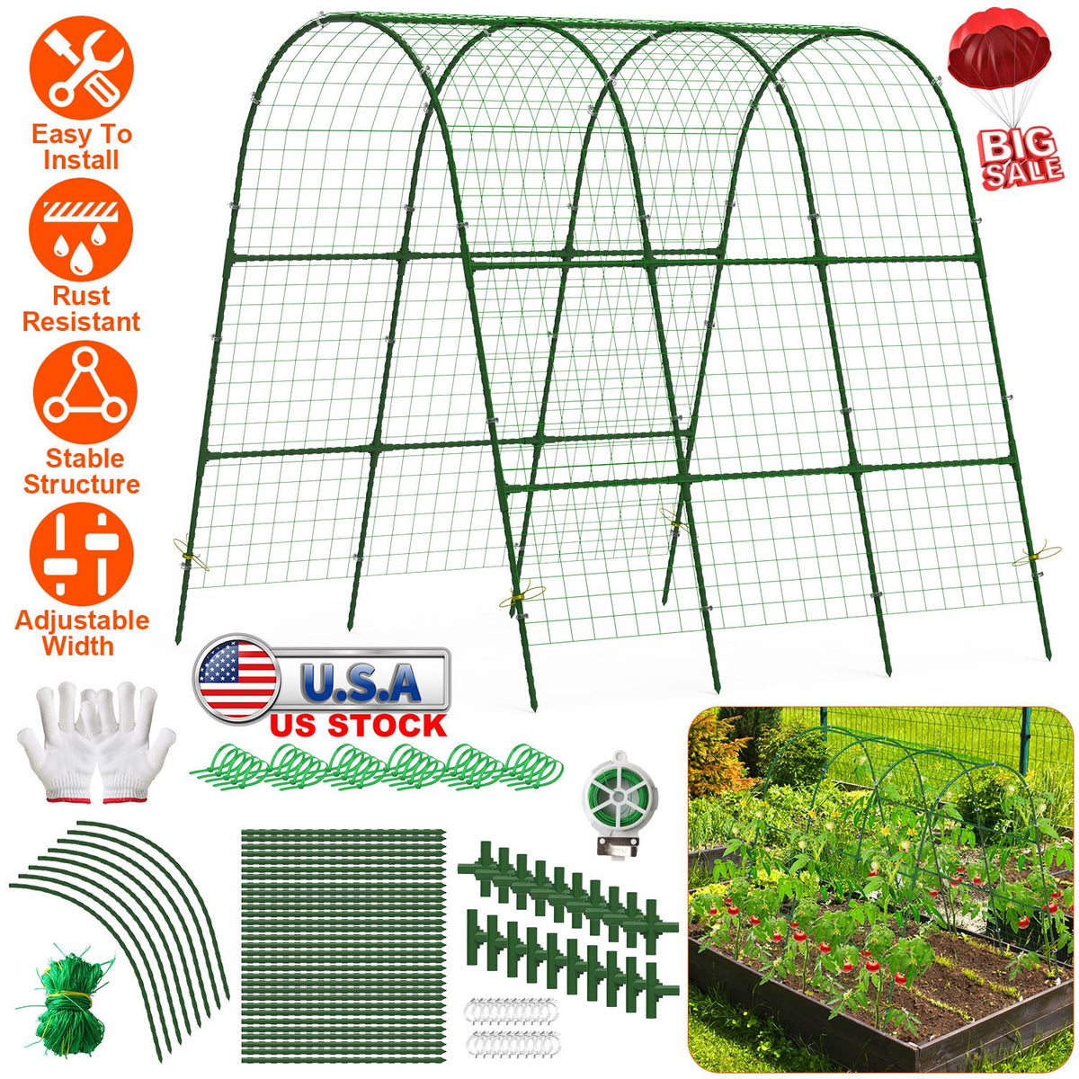 Cucumber Trellis for Raised Bed Arch Garden Trellis for Climbing Plants Vine Vegetables Fruit Flower Grape U-Shaped Frame with Climbing Net Tunnel Pla