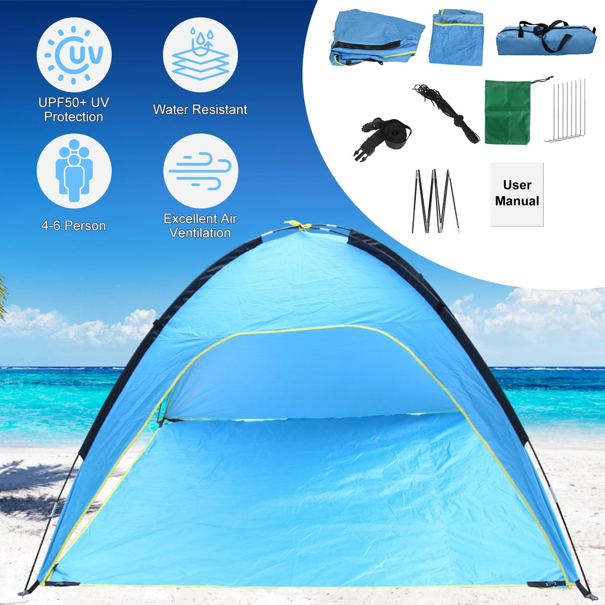 Beach Tent Outdoor Waterproof Tent Canopy for 4-6 Person with 3 Door Openings Carrying Bag UPF50+ Easy Setup for Beach Picnic Camping Hiking Adventure