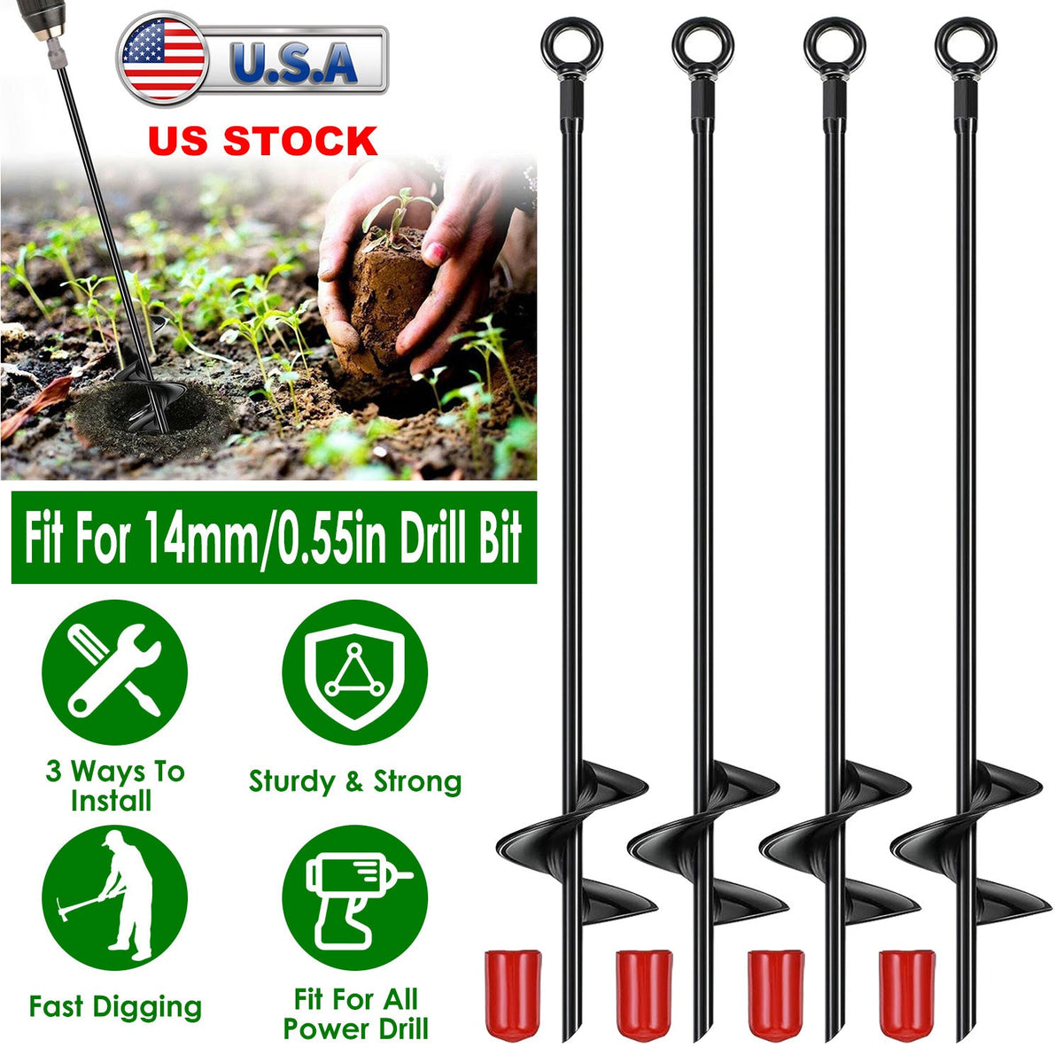 4 Pack Heavy Duty Ground Auger Stakes 2.76in Wide Spiral Drill Bits Soil Hole Digging Drill Shaft Farm Vegetable Flower Planting Earth Planter Digger