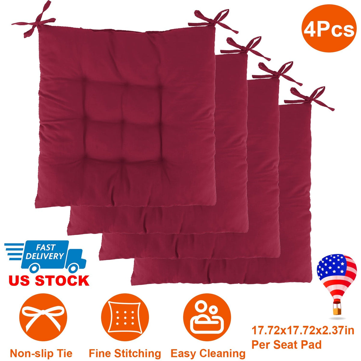 4Pcs Chair Cushion Pads Pillow 17.72x17.72x2.37in Soft Tie On Square Sitting Mats For Home Office Car Sitting Travel