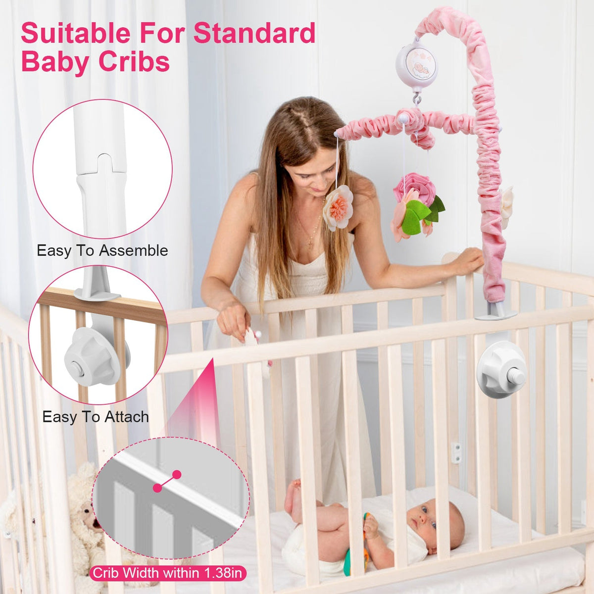 Musical Crib Mobile for Girls Baby Musical Crib Bed Bell Nursery Mobile with 12 Melodies 5 Flower Rattles 3 Modes Volume Adjustment Newborn Gift