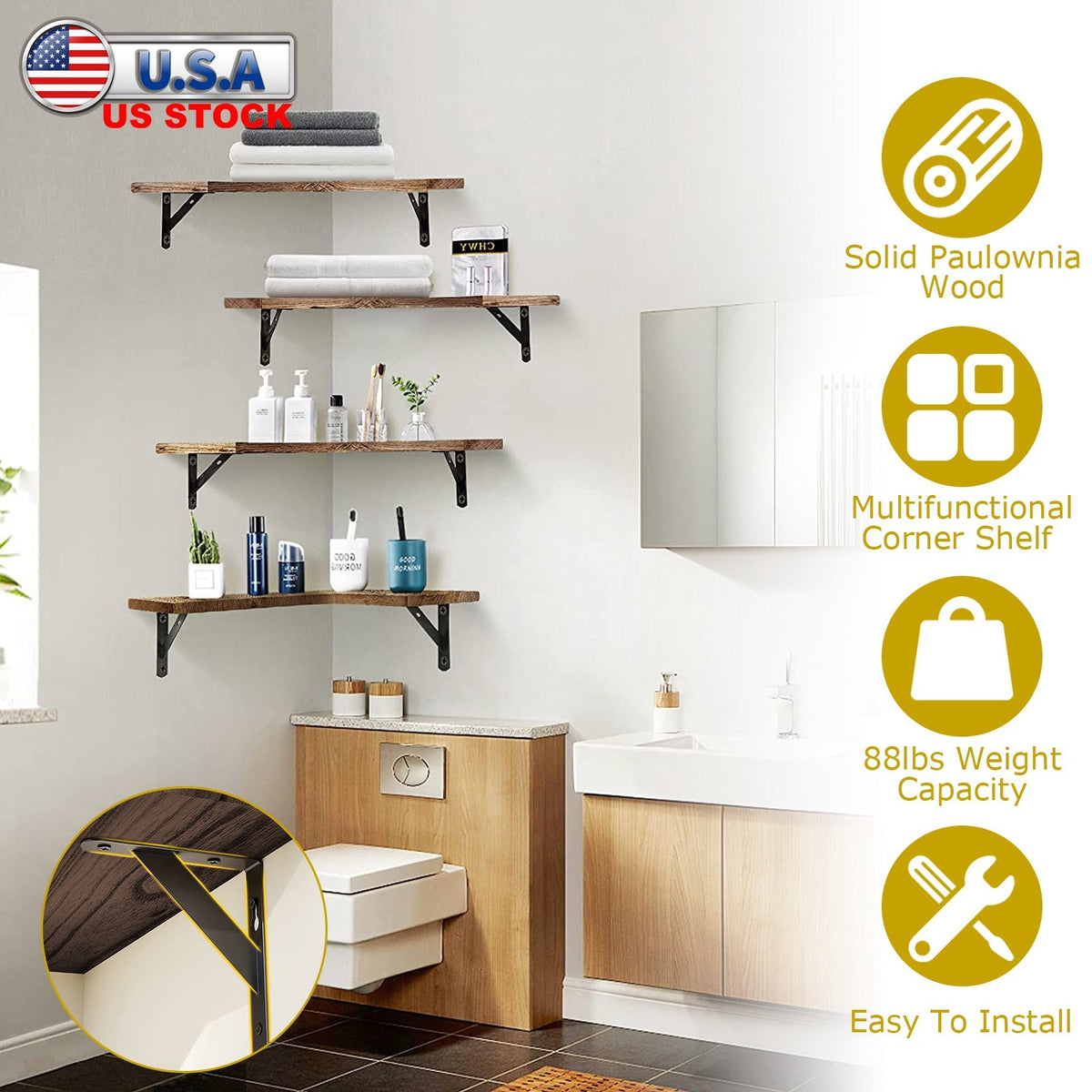 4Packs Corner Floating Shelf Wall Mount Display Storage Shelf Organizer Wood Metal Bedroom Living Room DŽcor