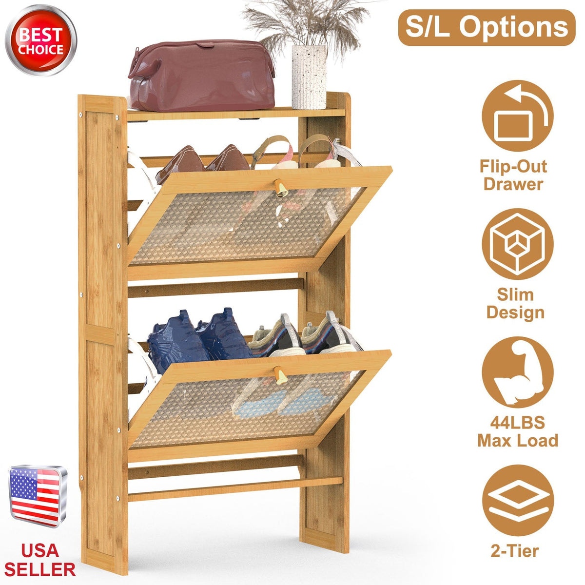 2-Tier Shoe CabinetÊwith 2 Flip Drawers Slim Bamboo Shoe Rack Freestanding Narrow Shoe Organizer with 44lbs Max Load for Entryway Hallway