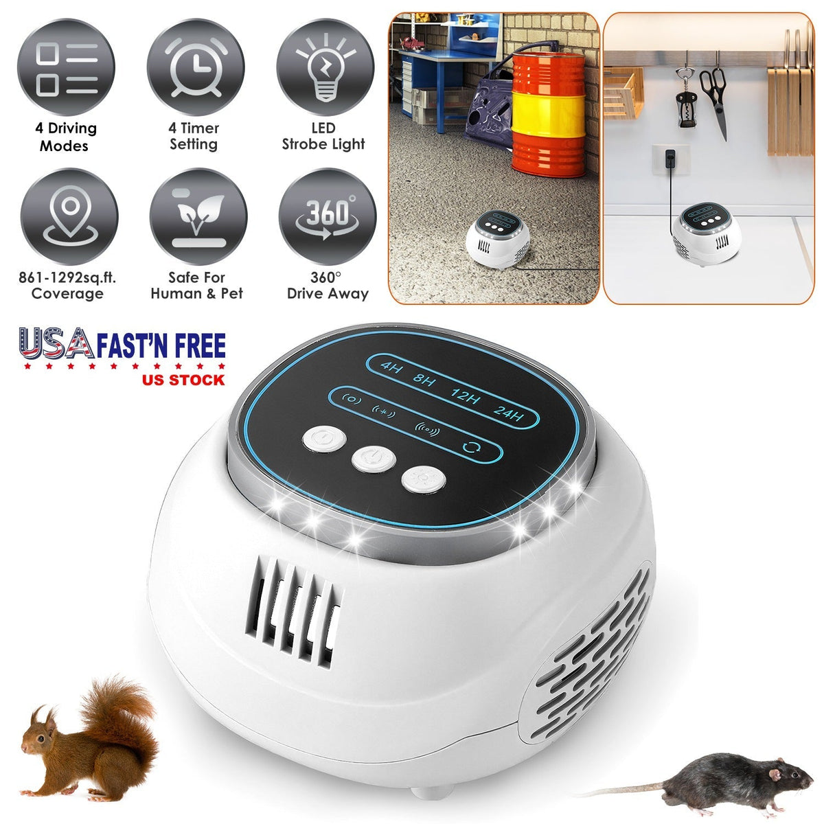 Ultrasonic Rodent Chaser Rat Repellent Pest Driver Mouse Control Squirrel Repeller with 4 Modes 4-65KHz Strobe Light 4 Timer 1292sq.ft. Coverage for R