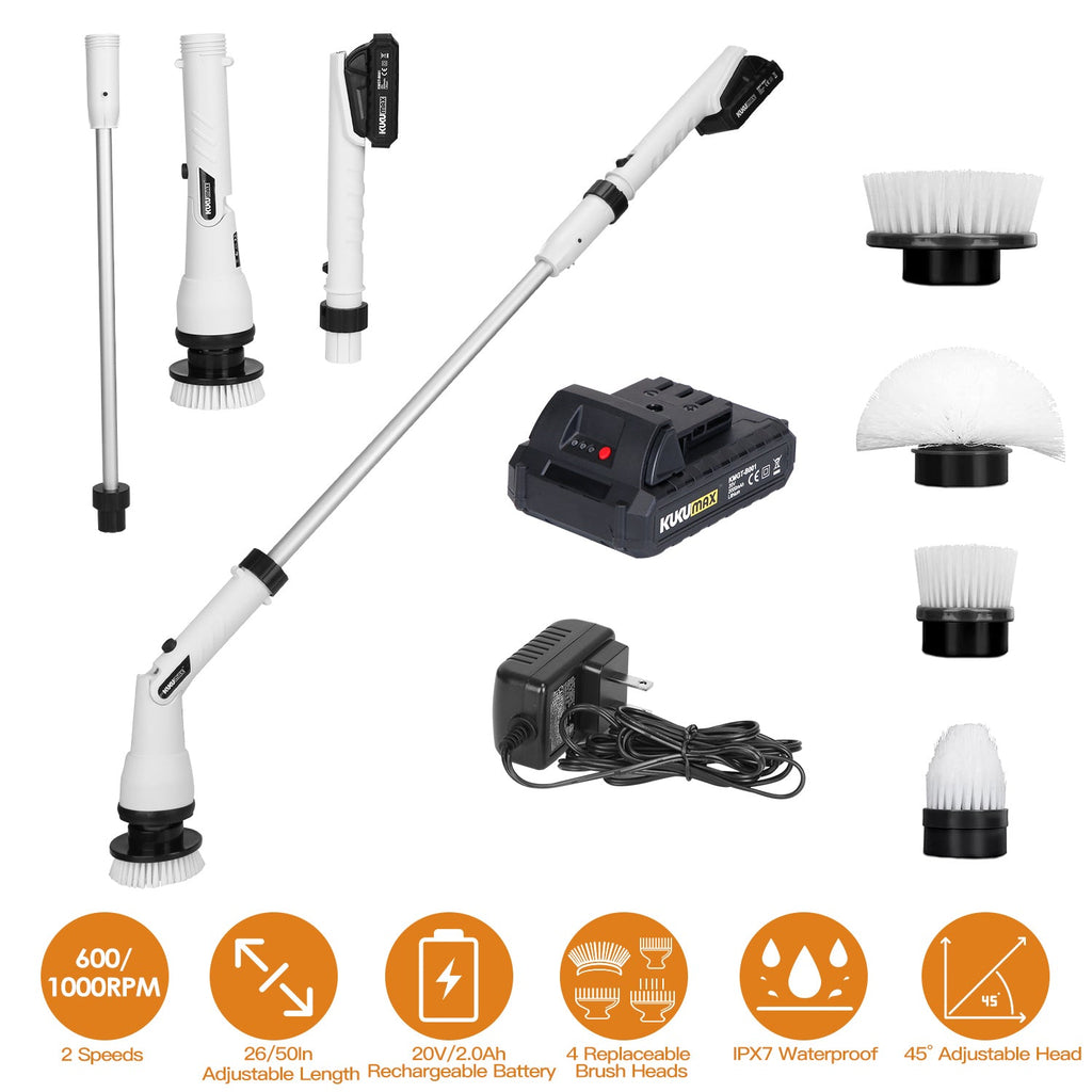 Electric Spin Scrubber Cordless Handheld Rechargeable Cleaning Brush with 4 Replaceable Heads 600/1000RPM Speeds 26/50in Length 20V/2.0Ah Battery for