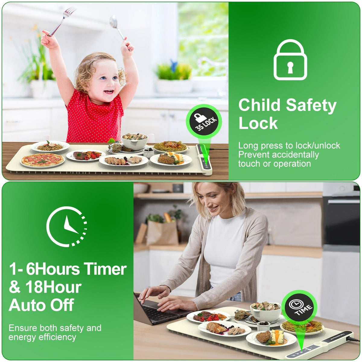 Silicone Food Warming Mat With 9 Temperature Levels 6Hrs Timer Child Lock Auto Shut Off Roll-Up Electric Warming Tray For Party Buffet Gathering Daily