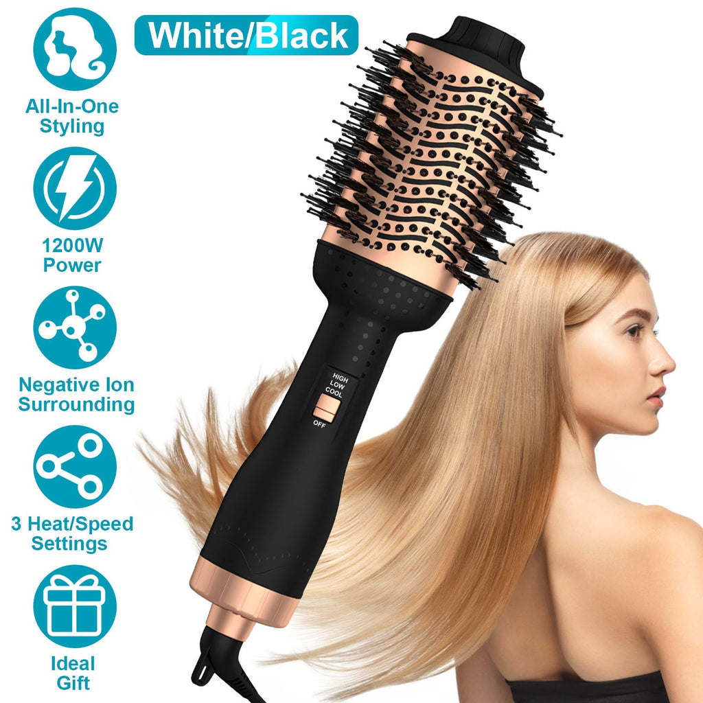 4 In 1 Hair Dryer Brush Curling Brush Hair Styler Volumizer Straightener Negative Ion Anti-frizz Hot-Air Hair Brush for All Hair Types Black White