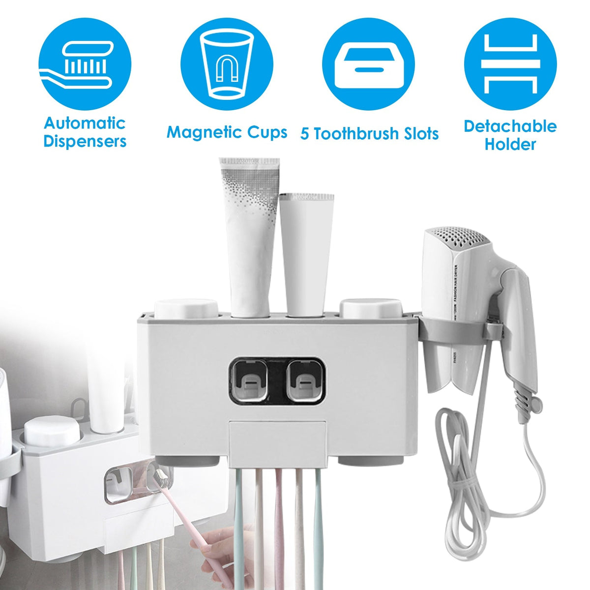 Multifunctional Wall Mount Toothbrush Holder Rack Organizer Automatic Toothpaste Dispenser Squeezer with Magnetic Cups 5 Toothbrush Slots Hair Dryer H