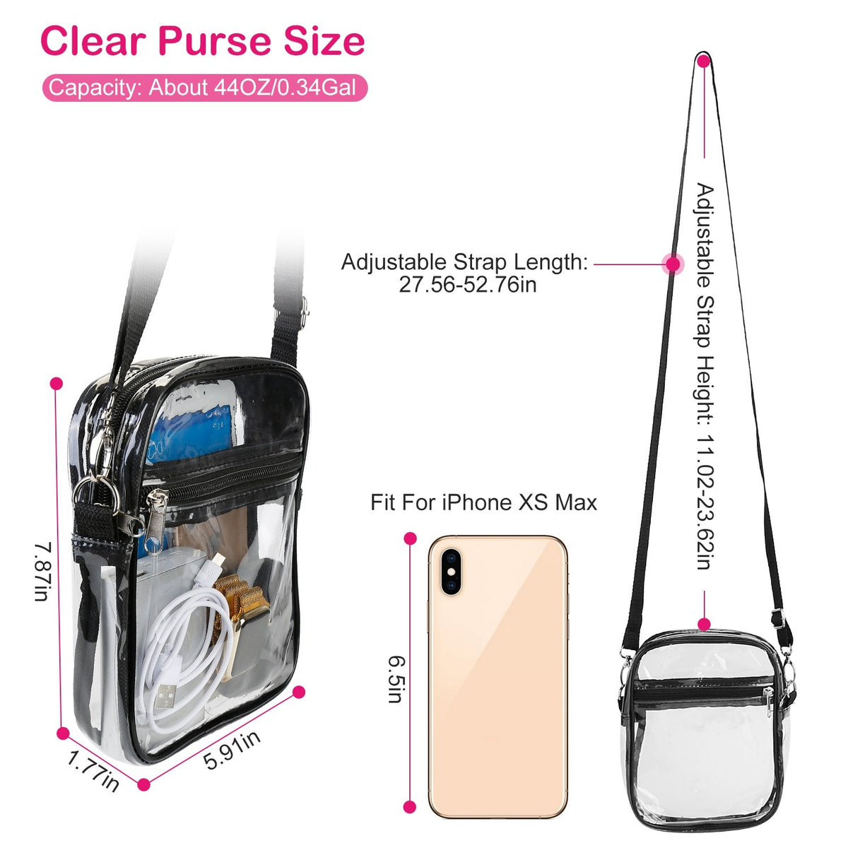 Clear Crossbody Bag Stadium Approved Clear Purse Transparent Small Shoulder Bag See Through Zip Pouch Tote Bag Handbag 44OZ w/ Adjustable Strap