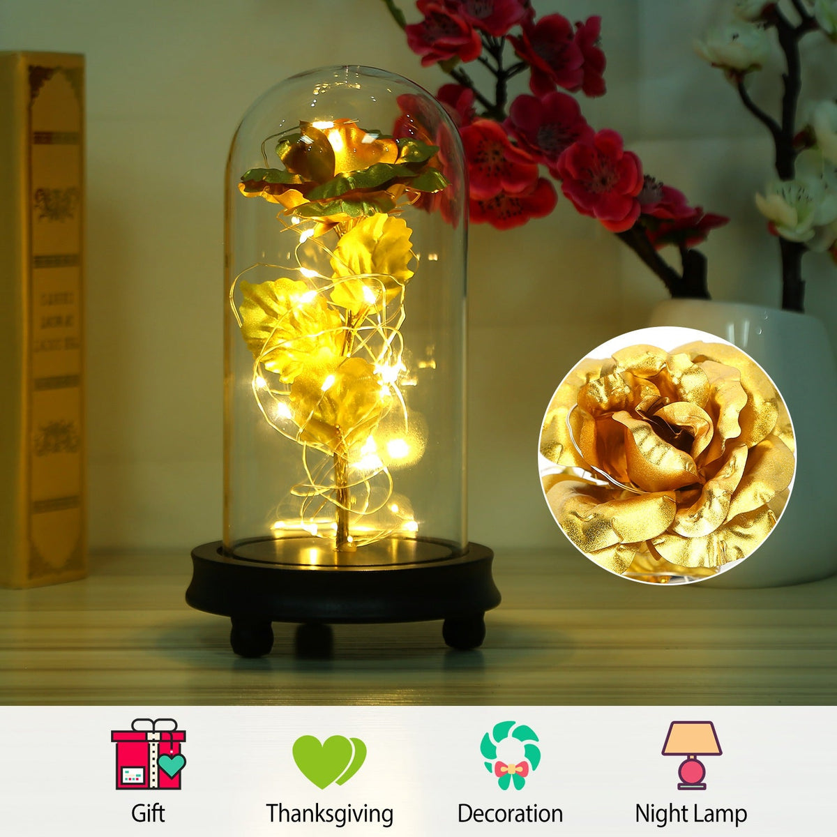 Foil Rose LED String Light Rose Fairy Lamp w/ Glass Dome For ValentinesÕ Day MotherÕs Day Wedding Birthday
