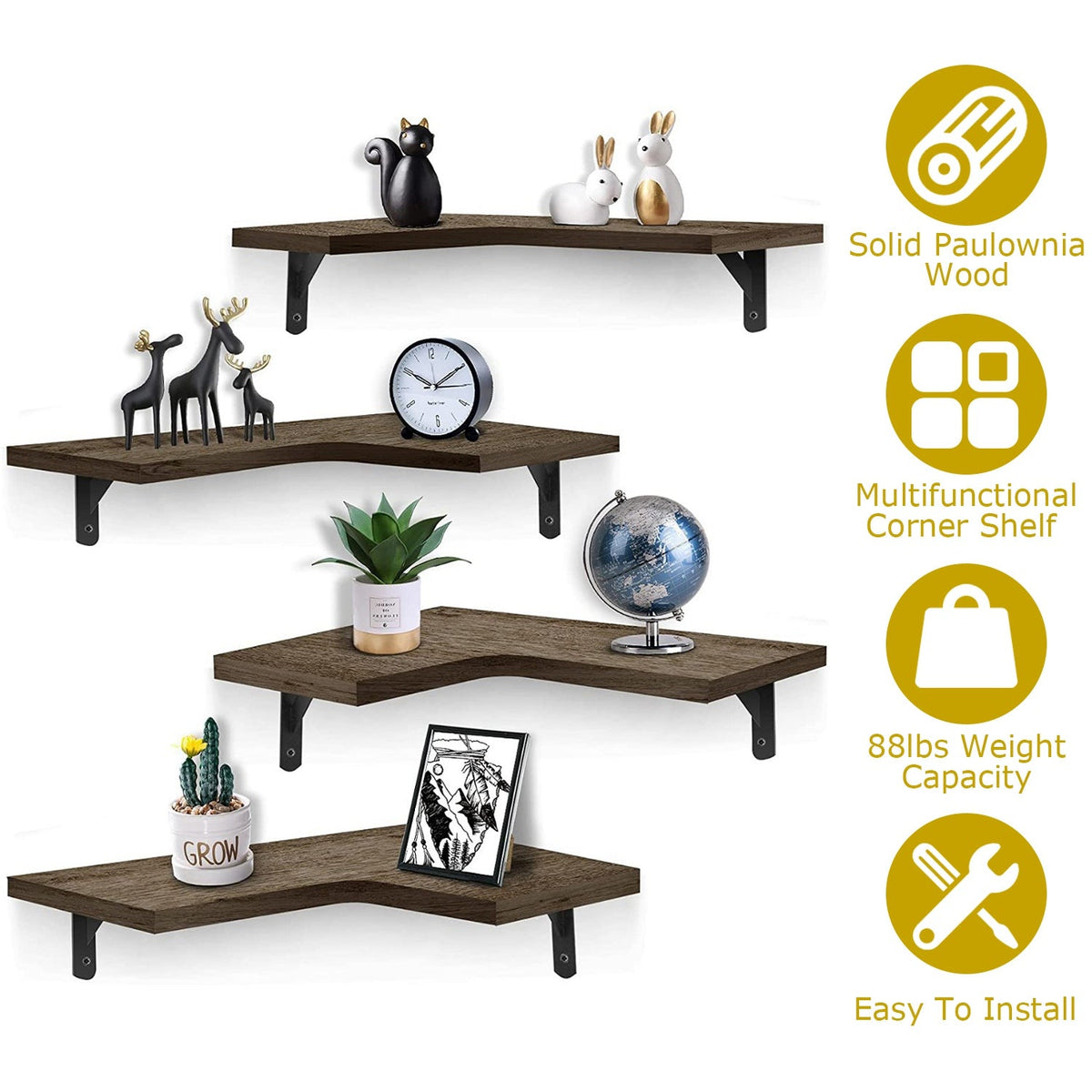 4Packs Corner Floating Shelf Wall Mount Display Storage Shelf Organizer Wood Metal Bedroom Living Room DŽcor