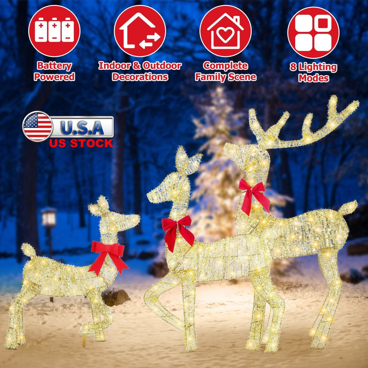 3 Pieces 2D Lighted Christmas Deer Family Set Indoor Outdoor Light Up Reindeer Decorations Lighted Buck Doe Fawn Display with 8 Lighting Modes