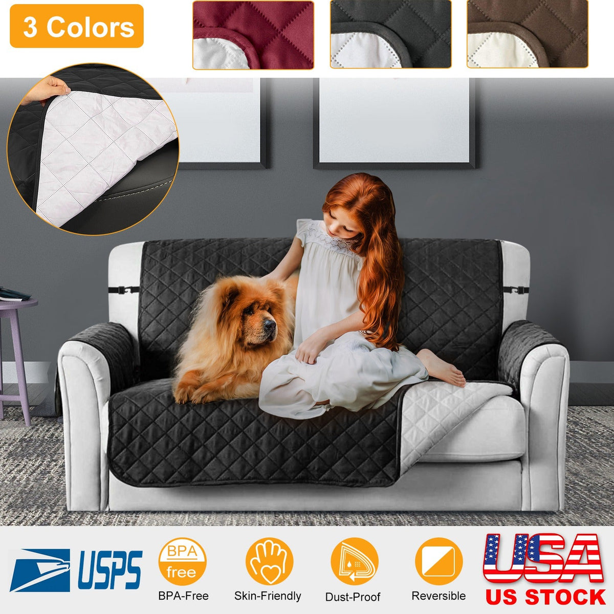 Reversible Sofa Cover Chair Loveseat Couch Microfiber Slipcover Cushion Furniture Protector Shield Water-Resistant w/ Elastic Strap for Kids Pet Dog C