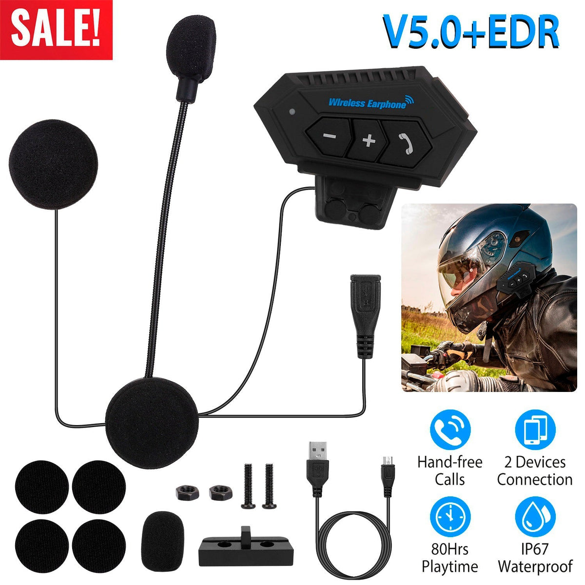 Wireless Headset Speaker Motorcycle Helmet Motorbike Headphone IP67 Waterproof