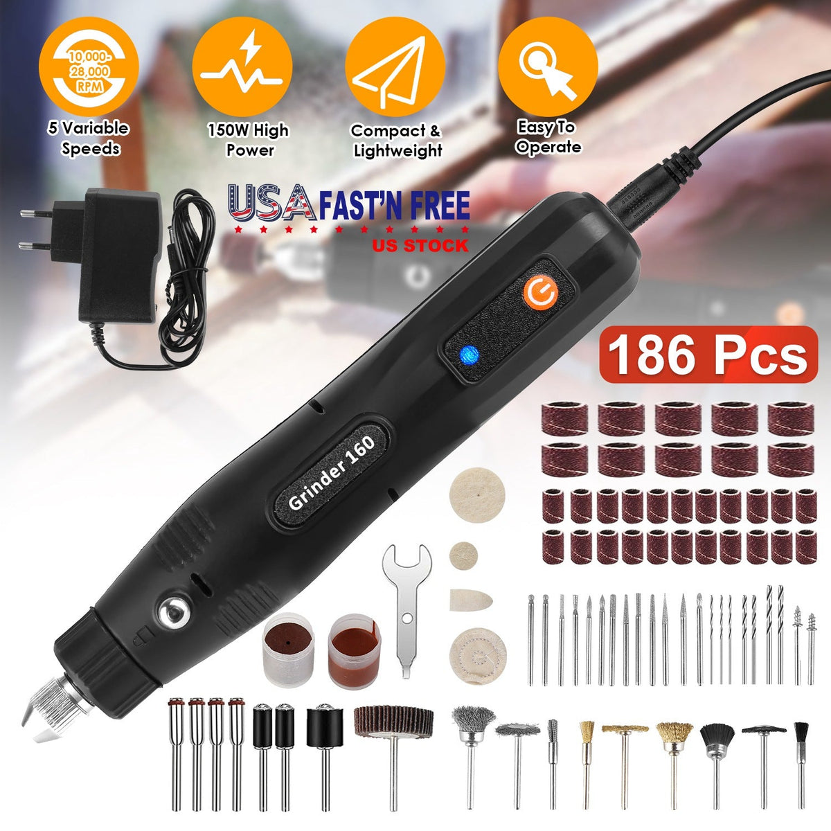 Mini Corded Rotary Power Tool Set of 186Pcs Electric Detail Sander Grinding Pen Small Drill Kit Engraver with 5 Speeds for Sanding Polishing Drilling