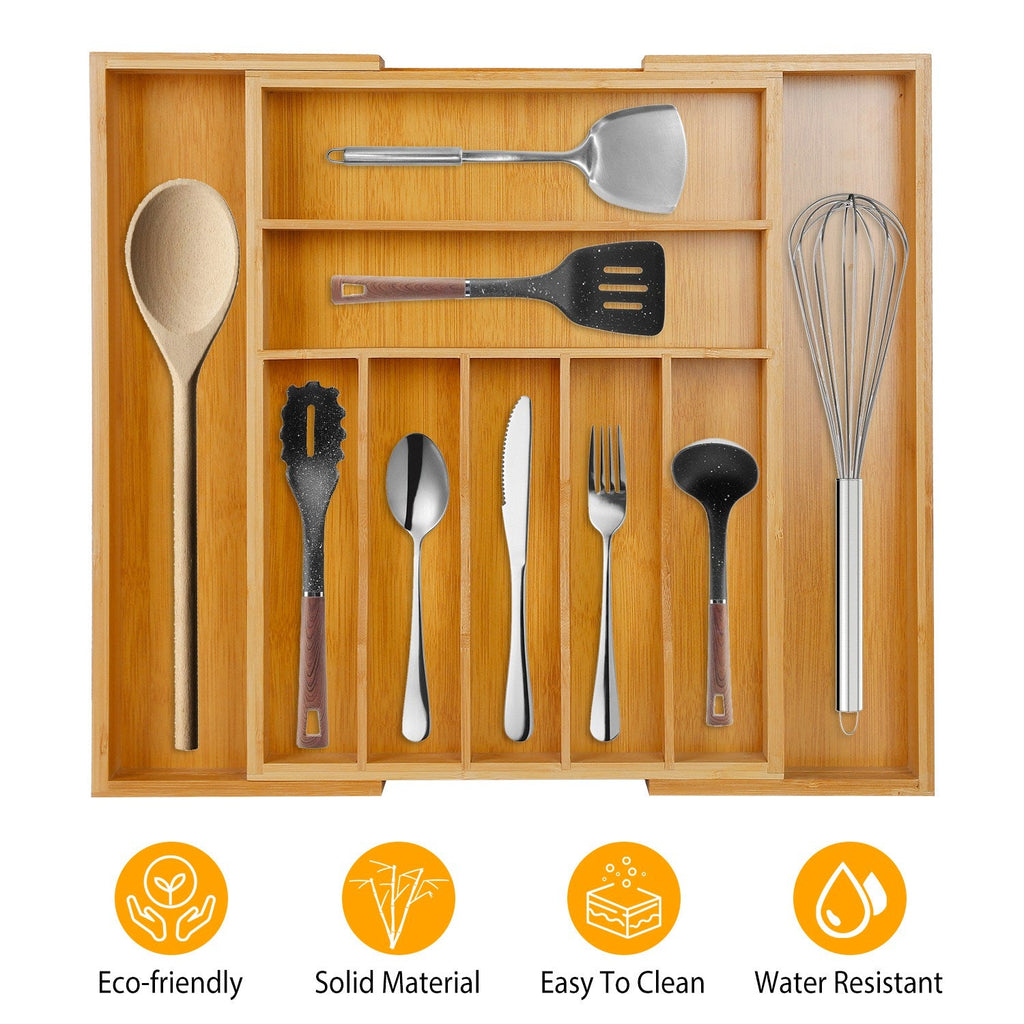Bamboo Drawer Divider Kitchen Expandable Cutlery Tray Organizer Utensil Holder w/ Grooved Dividers