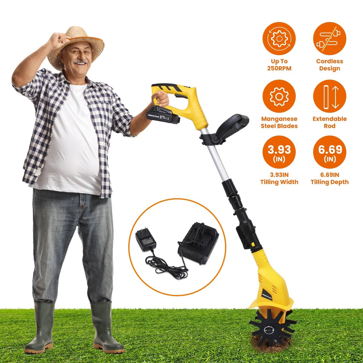 Cordless Electric Garden Tiller Cultivator With 20V Rechargeable Battery 3.93In Width 6.69In Depth 250RPM Max For Garden Yard Farm Lawn