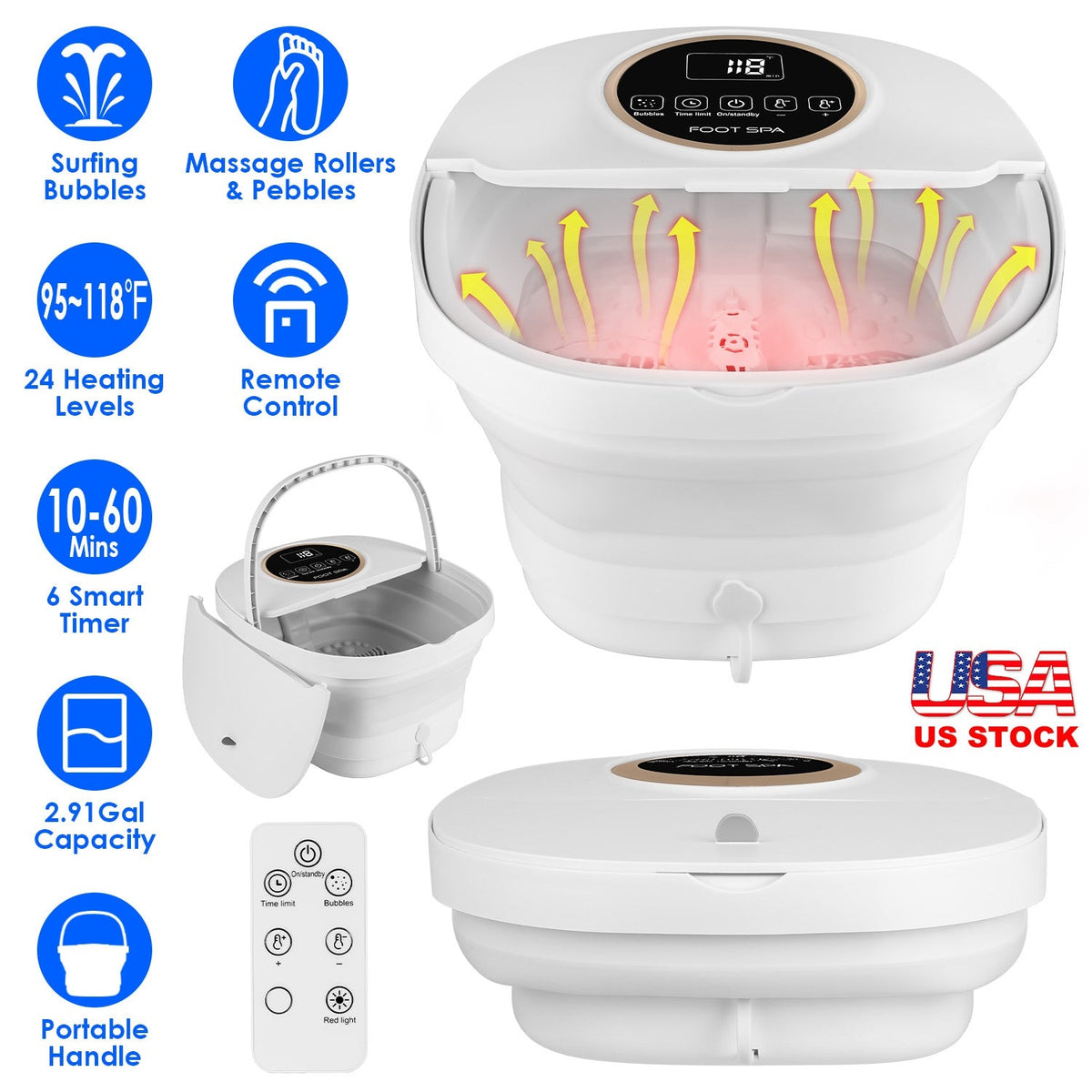 Collapsible Foot Spa Massager Electric Foldable Foot Soaker Tub with Remote Control Handle Surfing Bubbles 24 Heating Levels 6 Timer 6 Massage Rollers