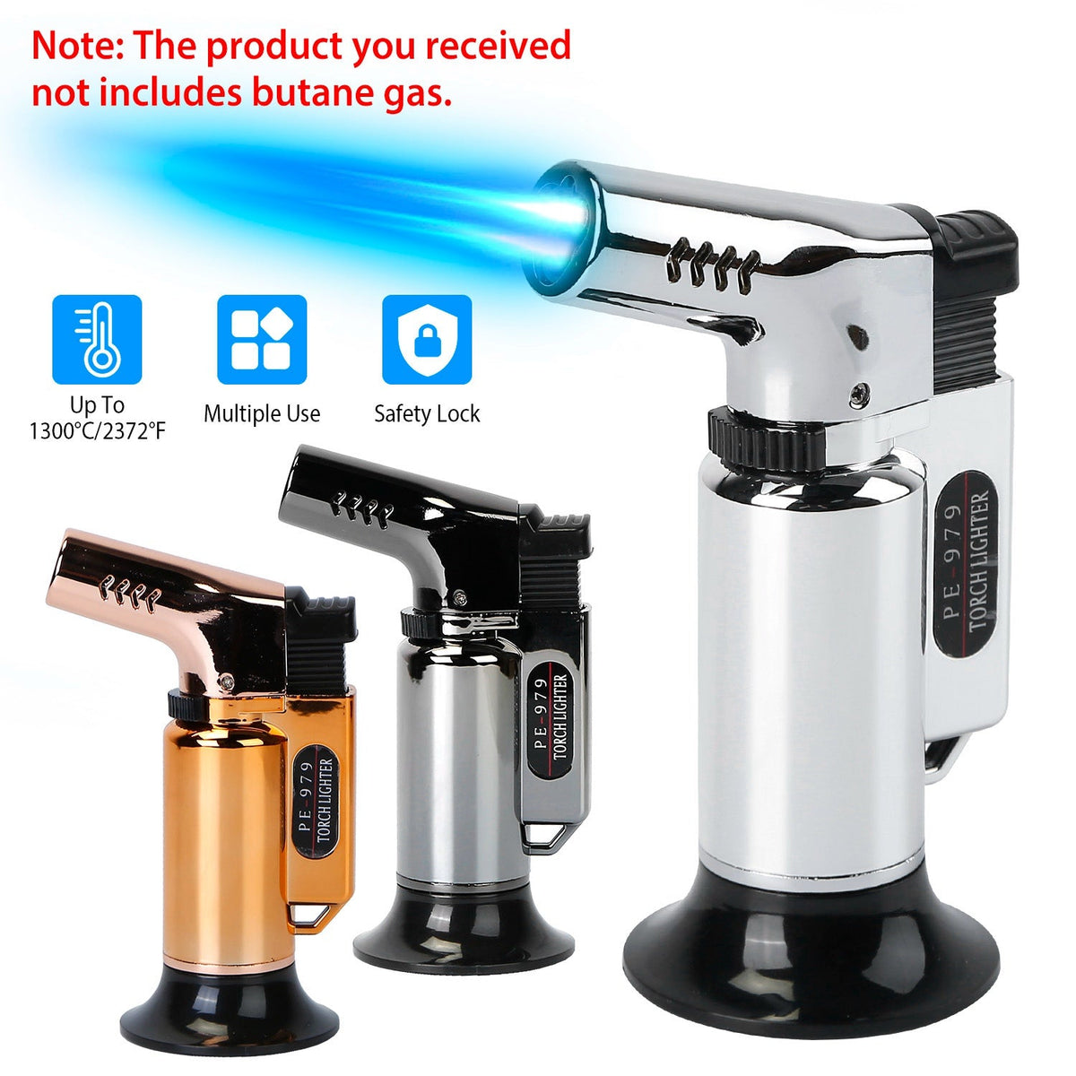 Culinary Butane Torch Lighter Refillable Blow Torch Flame Adjustable Flame Kitchen Cooking BBQ Torch w/ Fire Lock (Gas Not Included)