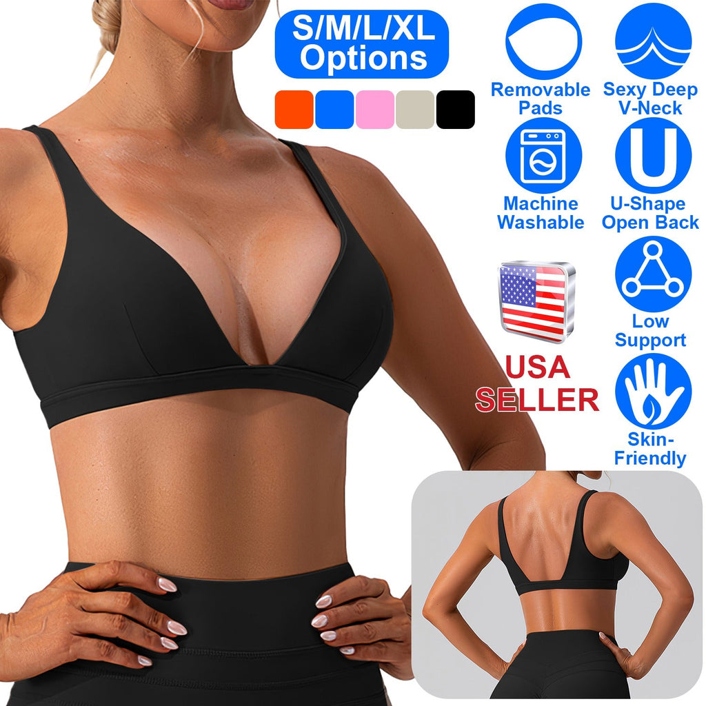 Women Deep V-Neck Sports Bras U-Shaped Back Sport Bras Padded StrappyÊCrop Open Back Low Impact Bras SexyÊFitnessÊTank Tops with Removable Pads for Gy