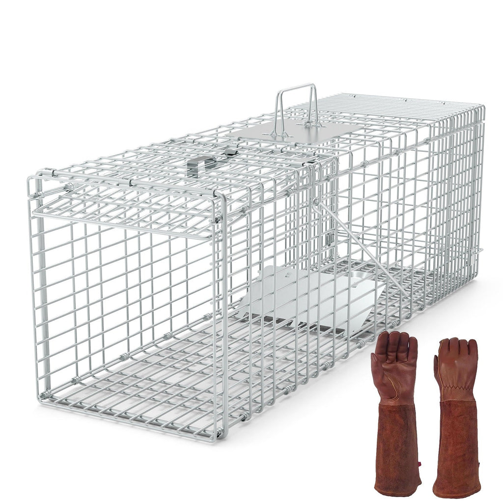 Humane Cat Trap Cage With Gloves Catch Release Live Animal Rodent Cage Collapsible Galvanized Wire for Raccoons Beavers Groundhogs Foxes Armadillos