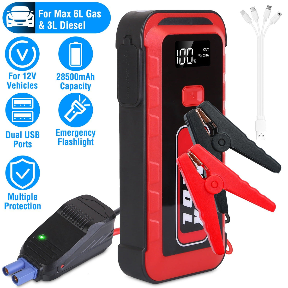 Car Jump Starter Booster 2500A Peak 25800mAh Battery Charger Power Bank with 4 Modes LED Flashlight for Up to 6.0L Gas or 3.0L Diesel Engine Car