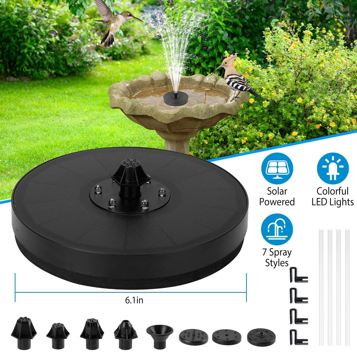 Solar Powered Fountain Pump Floating Bird Bath Pond Pump w/ LED Lights 7 Nozzles For Aquarium Garden Backyard Pond Pool Outdoor