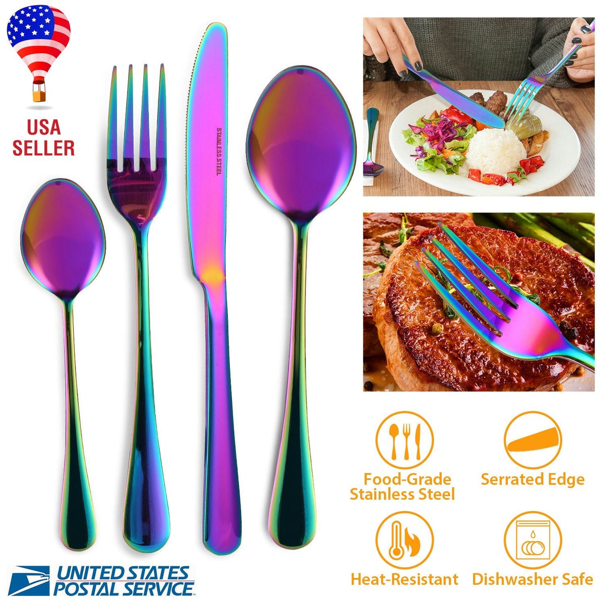 4-Piece Flatware Set Stainless Steel Silverware Cutlery Kitchen Utensil Set w/ Fork Knife Tea Spoon for Home Kitchen Hotel Restaurant