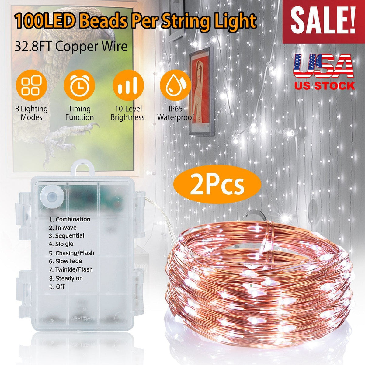 2Pcs LED String Lights 100LED Beads 32.8FT Copper Fairy Lights IP65 Waterproof Battery Operated Flash Lights with Remote Control For Wedding Party Jar