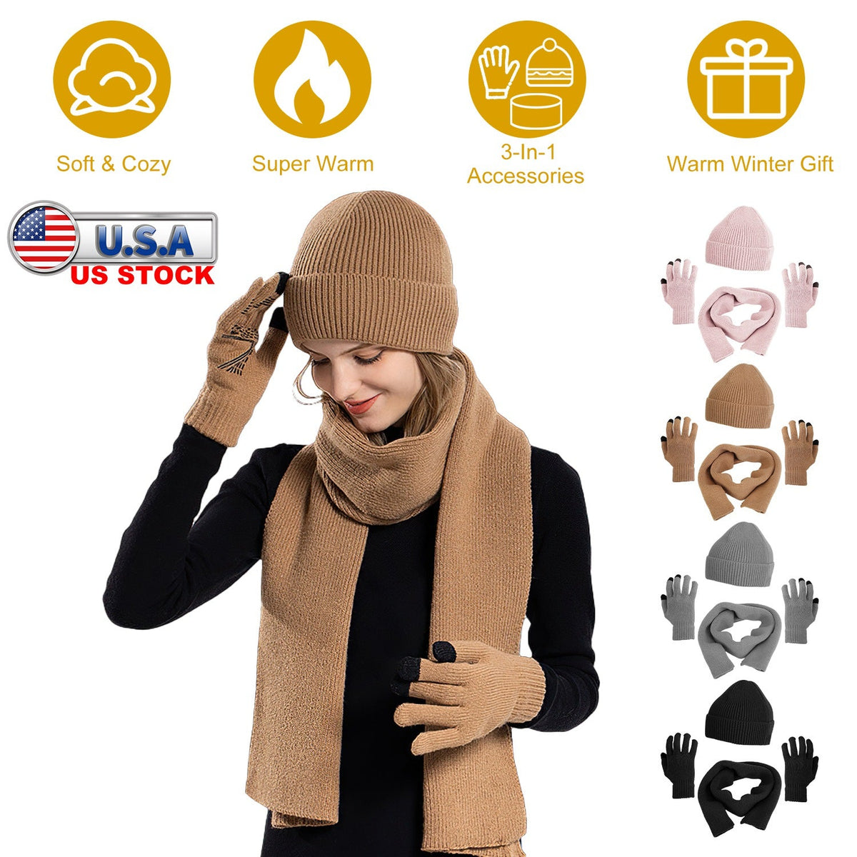 Winter Knitted Hat Scarf Gloves 3Pcs Winter Warm Beanie and Touch Screen Gloves Long Neck Scarf Set Knit Beanie Skull Cap Neck Warmer Anti-Slip Mitten
