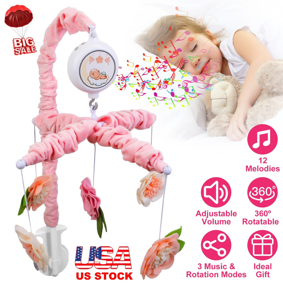 Musical Crib Mobile for Girls Baby Musical Crib Bed Bell Nursery Mobile with 12 Melodies 5 Flower Rattles 3 Modes Volume Adjustment Newborn Gift