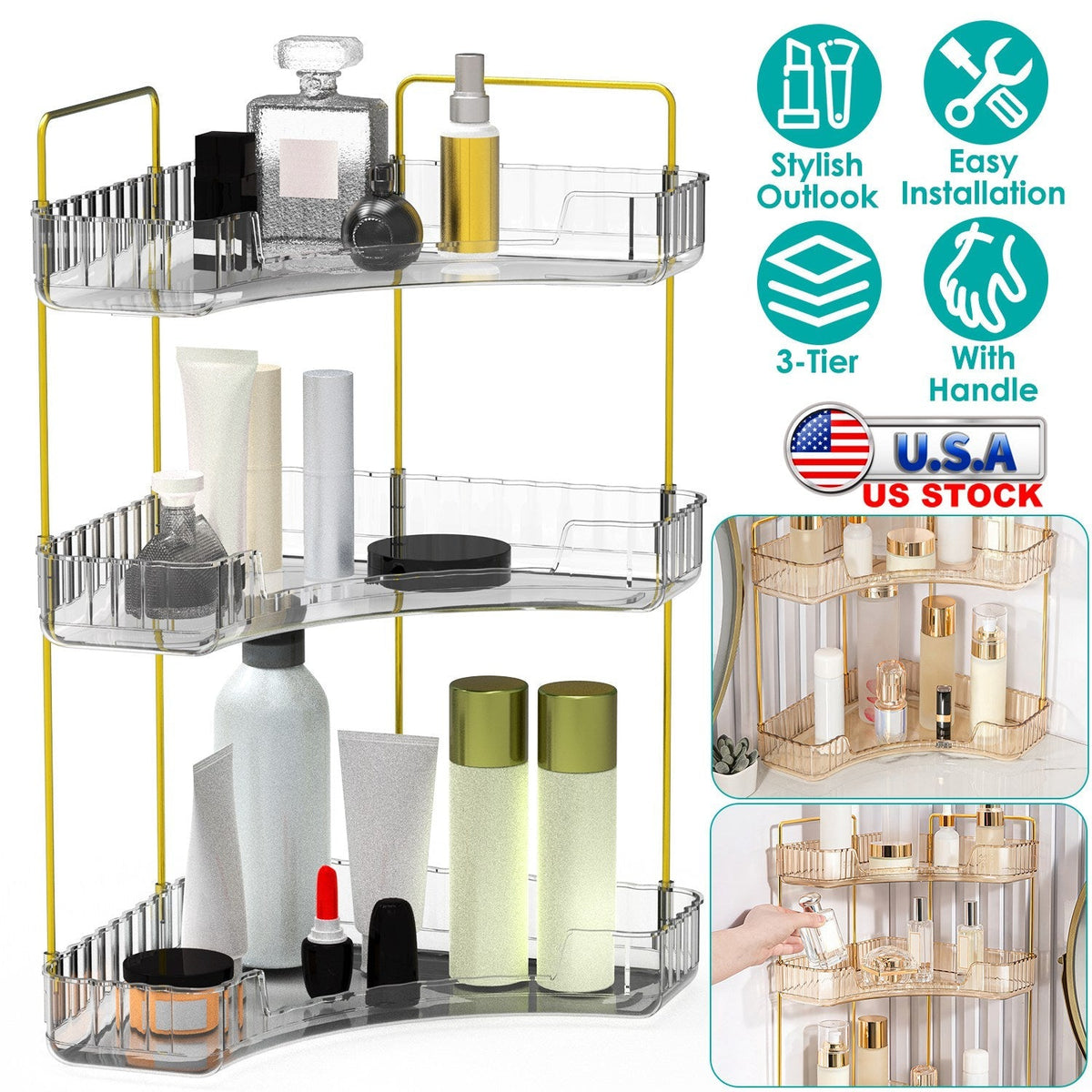 Bathroom Countertop Organizer 3 Tier Corner Makeup Storage Shelf Vanity Cosmetic Perfume Tray Clear Corner Rack for Bedroom Bathroom Kitchen