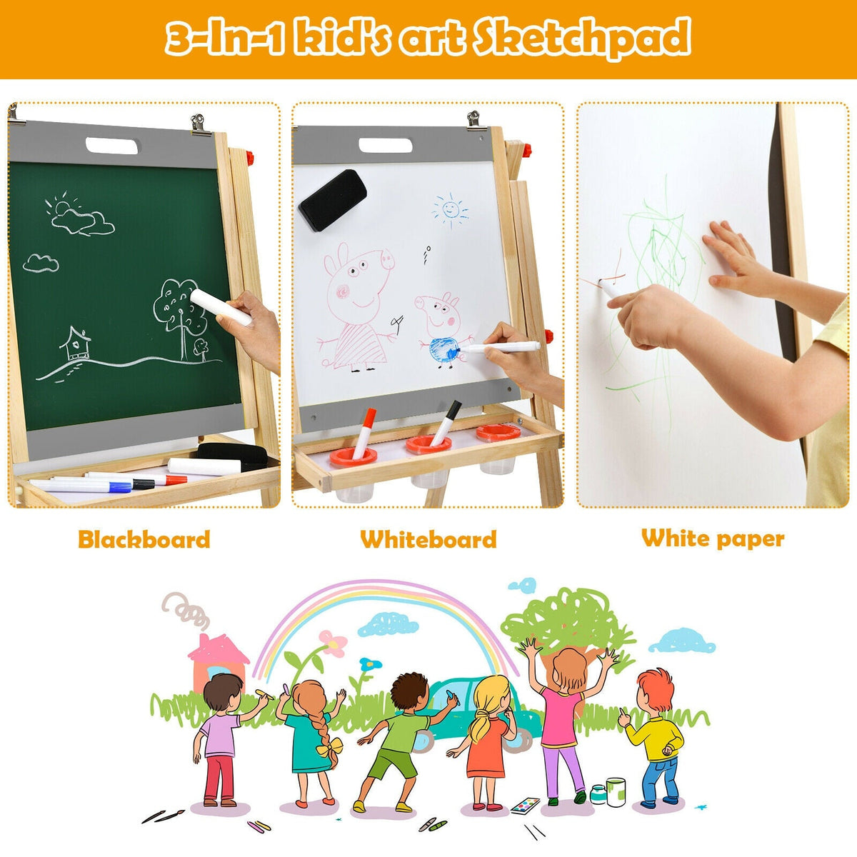 Kids Art Easel with Paper Roll Double Sided Chalkboard and Whiteboard-Gray