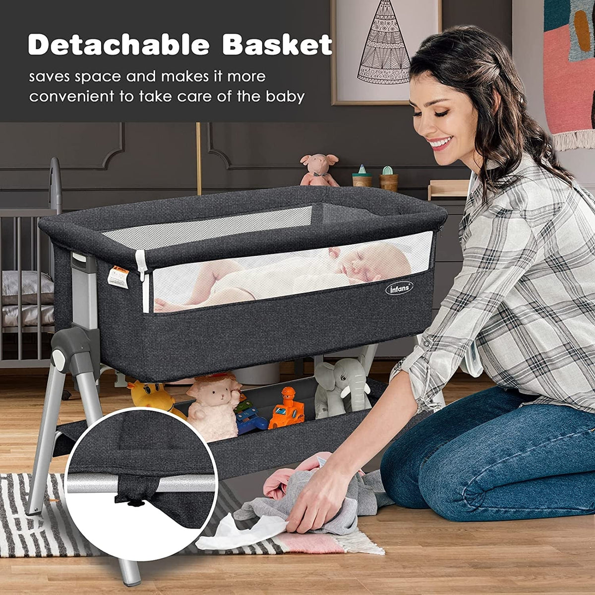 Portable Baby Bedside Sleeper with Adjustable Heights and Angle-Gray
