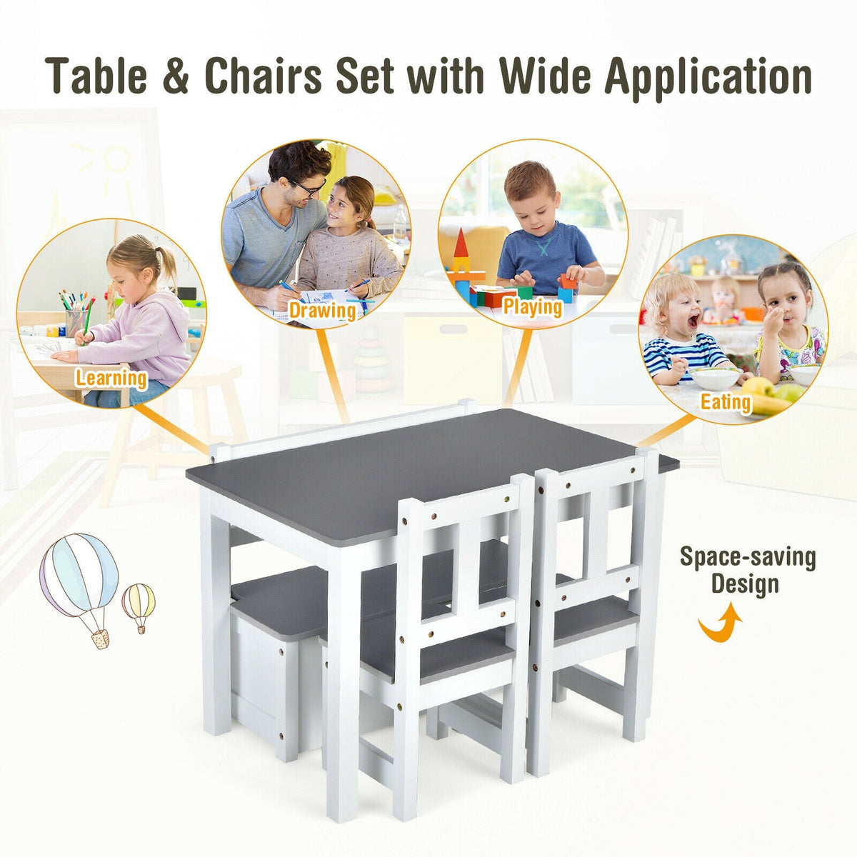 4 Pieces Kids Wooden Activity Table and Chairs Set with Storage Bench and Study Desk-Gray