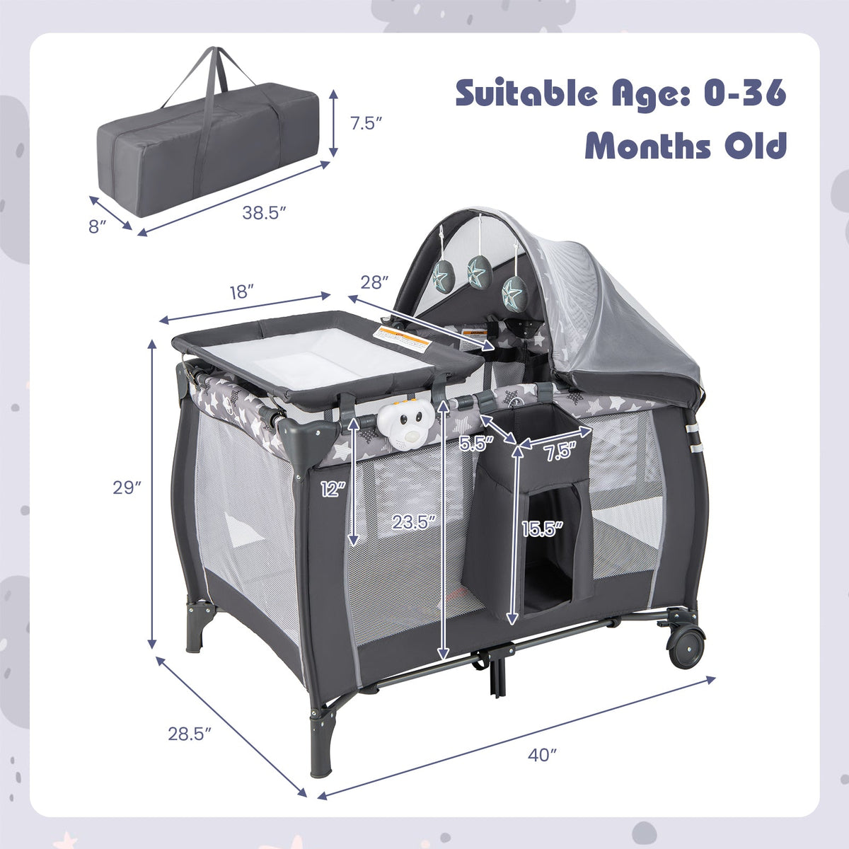 Portable Baby Nursery Center 4-in-1 Portable Travel Crib-Gray