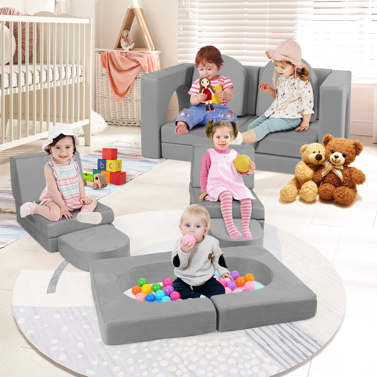 8-Piece Modular Kids Play Couch with Comfy Suede Fabric-Gray