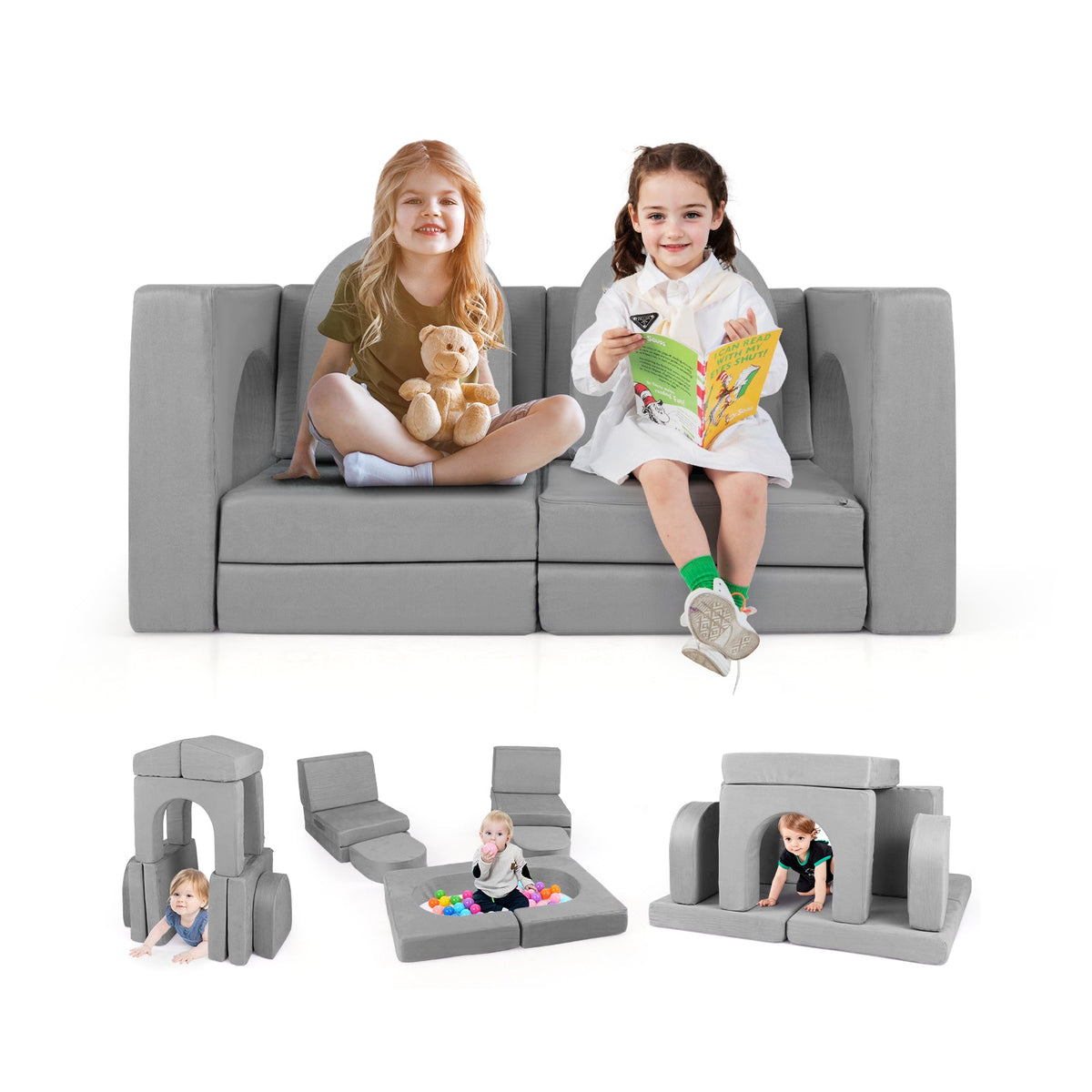 8-Piece Modular Kids Play Couch with Comfy Suede Fabric-Gray