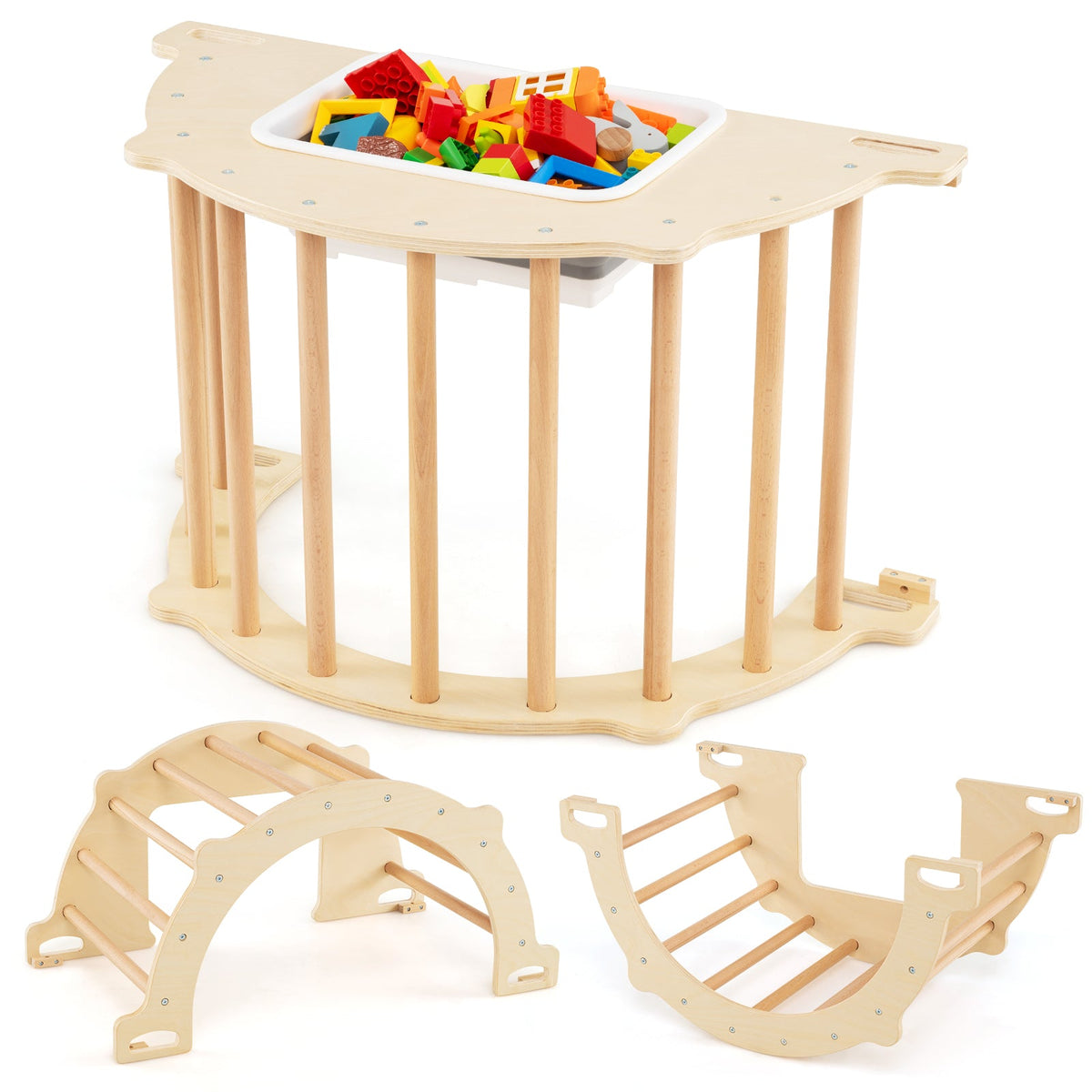8 in 1 Climbing Arch Sensory Table with Collapsible Storage Bin for Kids-Natural