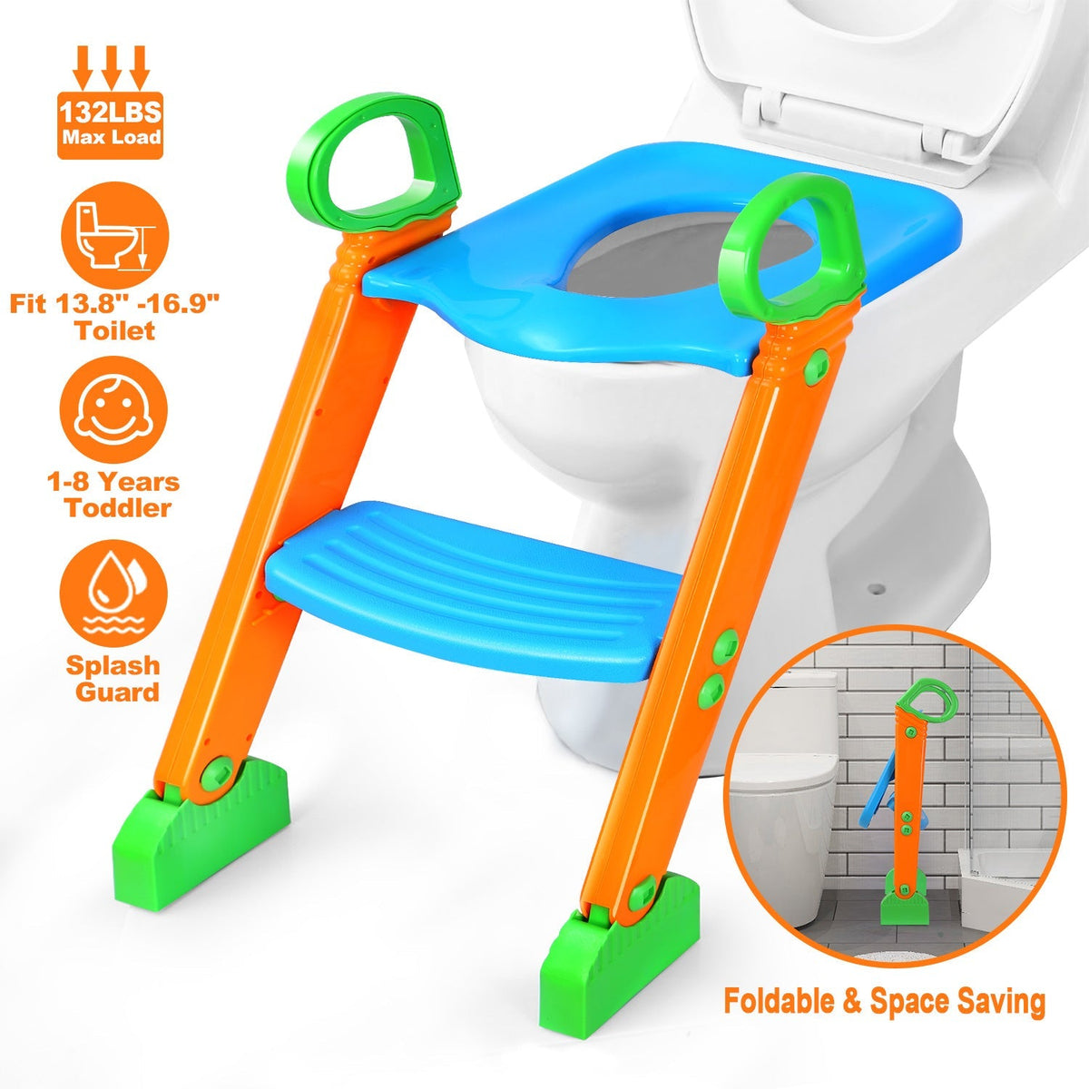Potty Training Toilet Seat w/ Steps Stool Ladder For Children Baby Foldable Splash Guard Toilet Trainer Chair Anti-slip Feet Pedal Handle 132LBS Max L