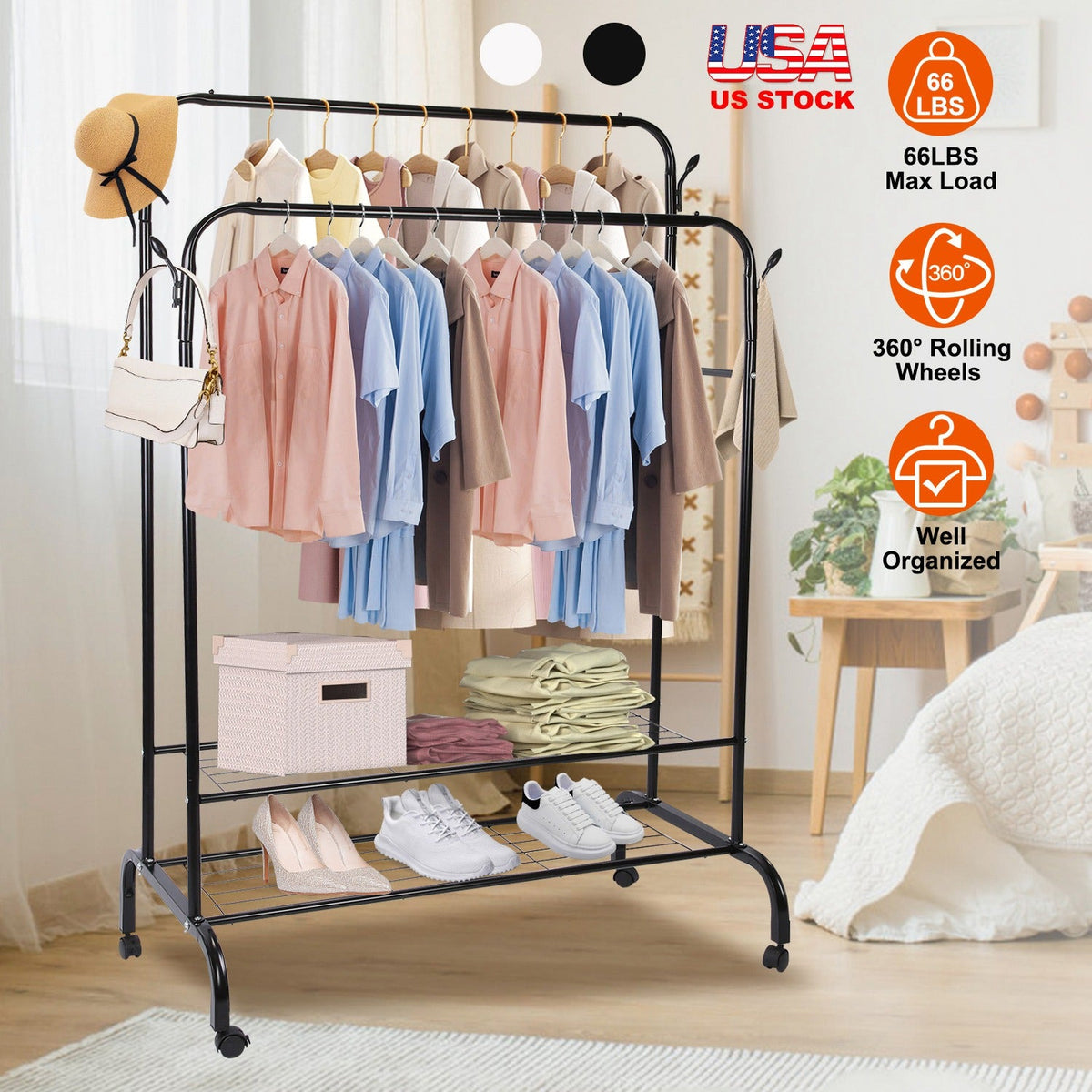 Garment Hanging Rack Clothing Hanging Rail Pillow Shoe Display Organizer Clothes Organizer Stand with 2 Rails 2 Shelves 4 Rolling Wheels 4 Hooks