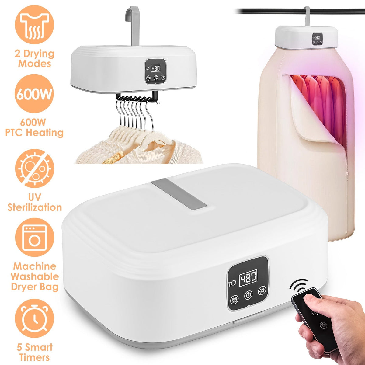 Portable Clothes Dryer Mini Dryer Foldable Dryer Machine with Timer UV Sterilization 2 Drying Modes Remote Control for Apartment Dorm RV Travel Home
