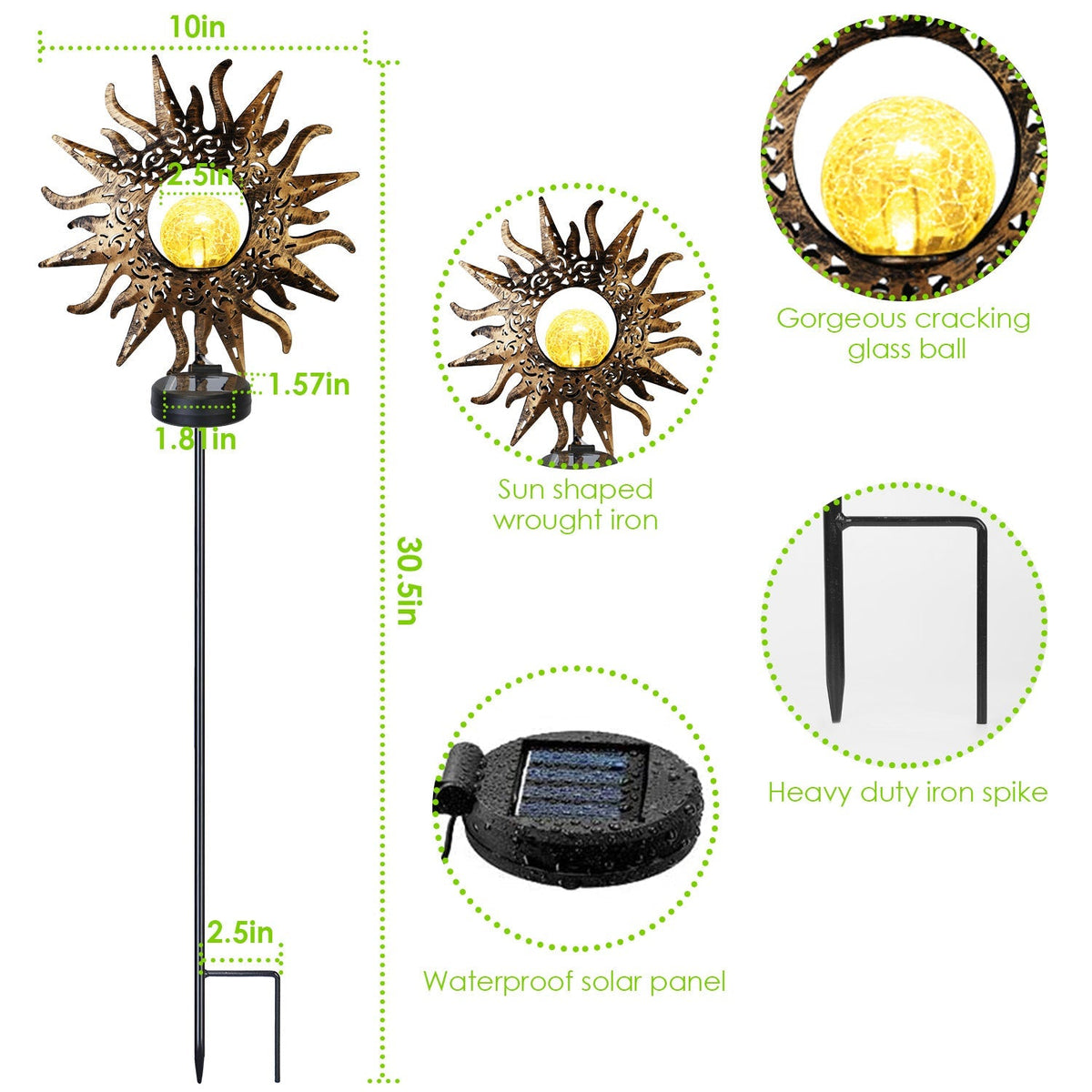 Solar Powered Sun Stake Lamp IP54 Waterproof Decorative Lamp Crackle Glass Globe Stake Lights For Garden Lawn Yard Driveway