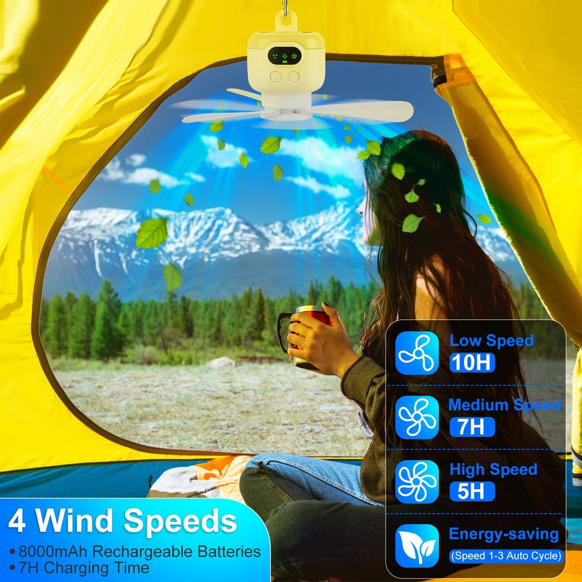 2 In 1 Portable Camping Fan with LED Lantern 8000mAh Battery Powered Tent Fan with Carabiner Digital Display 4 Speeds 4 Timer Settings for Camping Can