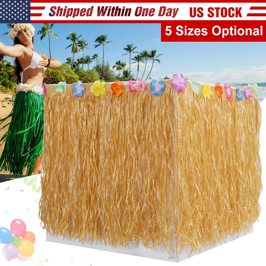 Grass Table Skirt Hawaiian Luau Party Decorations Supplies w/Hibiscus for Buffet BBQ Tiki Bar Beach Birthday Party Use