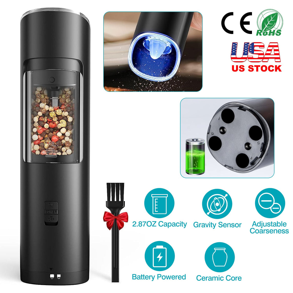 Electric Salt and Pepper Grinder Automatic Gravity Sensor Battery Powered Salt Mill LED Indicator Adjustable Coarseness One Hand Easy Operation