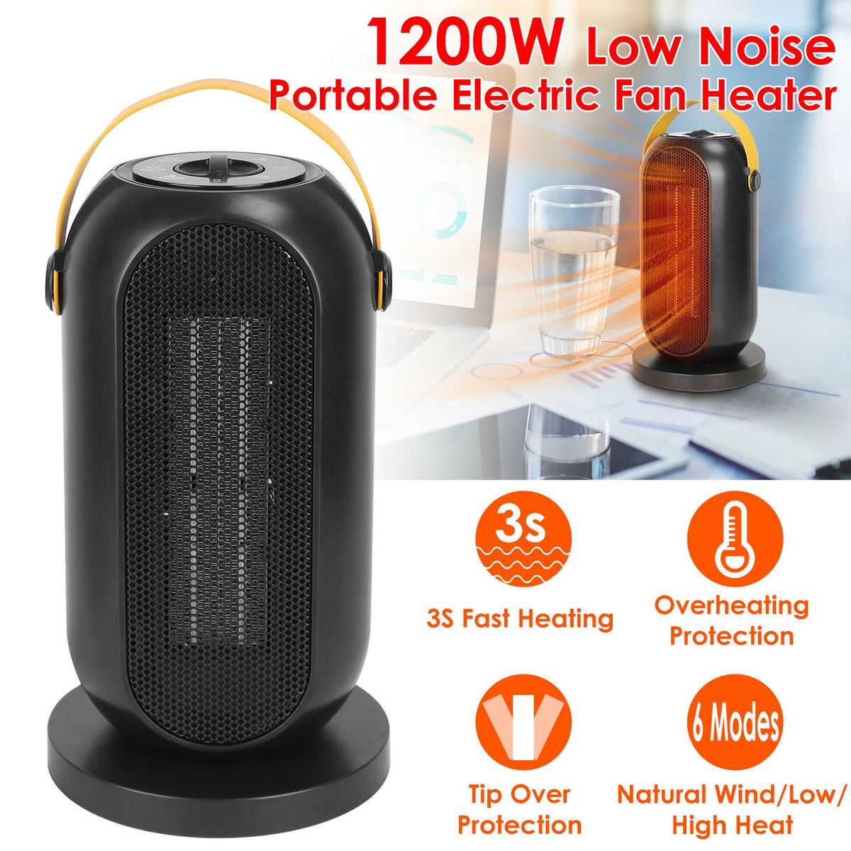 1200W Portable Electric Fan Heater PTC Ceramic Oscillation Heating Cool Fan Overheating Tip Over Protection 3S Heating Space For 322 Sq FT Home Office